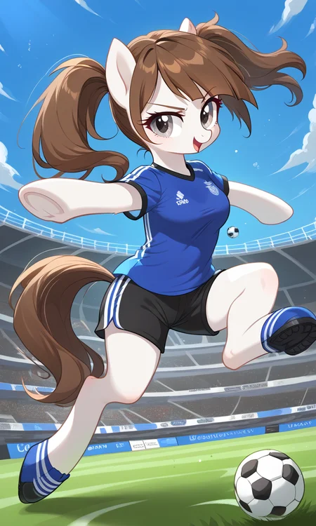 score_9, ,k'r4, white fur, grey eyes, brown hair, twintails, soccer shirt, soccer shorts, trainers, kicking ball, scoring a goal, soccer girl, soccer ball, dynamic pose, stadium, source_pony, ntm