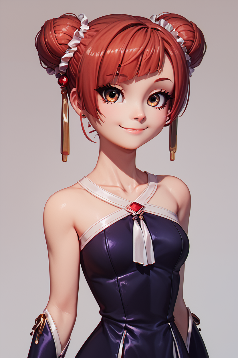 score_9, score_8_up, score_8, medium breasts, (curvy), cute, eyelashes,       BREAK, ,  zzLaufen, hair bun, double bun, red hair, short hair, brown hair, brown eyes, hair ornament, bare shoulders, black dress, collarbone,  <lora:LaufenFrieren_PDXL_v1:0.8>,  , BREAK, smile, closed mouth, looking at viewer, cowboy shot, ,,, embedding:zPDXL, Expressiveh, ,,, <lora:BeautifulCAT_PDXL:0.8>, <lora:SDXLFaeTastic2400:0.5>, <lora:Expressive_H-000001:0.4>,