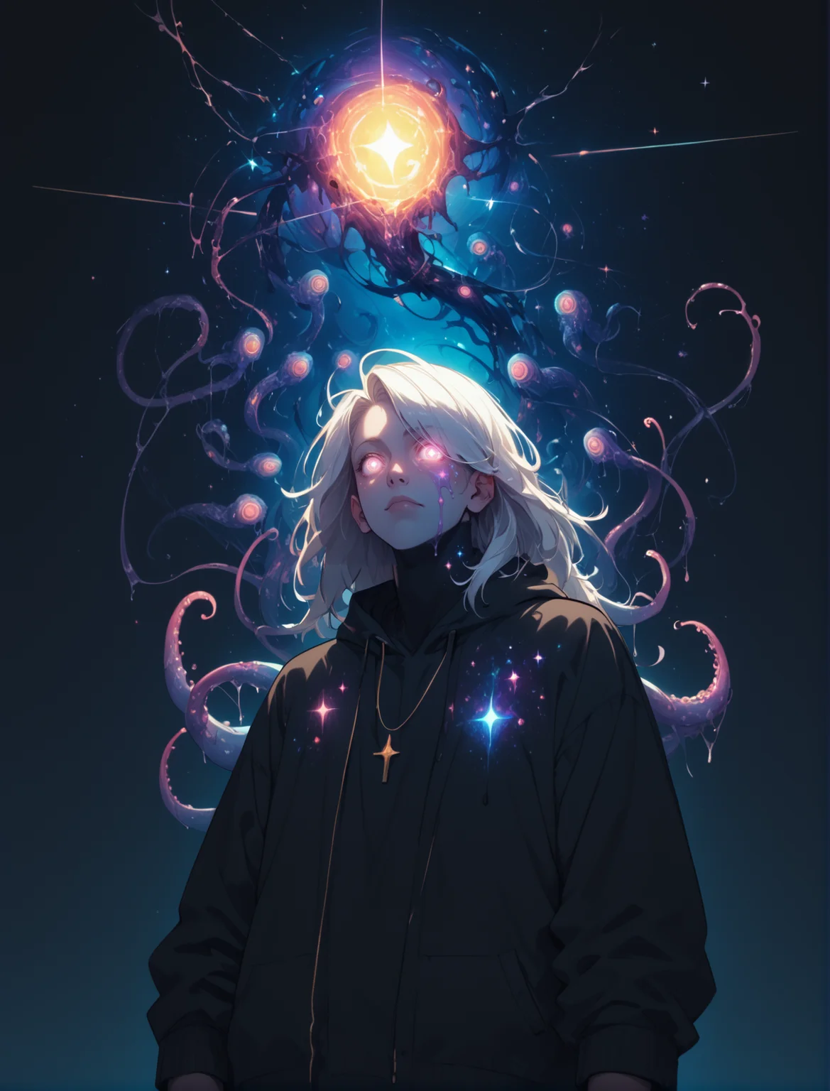 score_9, score_8_up, score_7_up, source_anime BREAK (1guy),long white hair, ((long hair)), ((slime)), tsurime, hair over one eye, shizoeyes,celestianlora, void cosmic body, glowing, obsidian skin, , star (sky), scifi plugsuit, liquid , ((extra eyes)),wrapped around tentacles, dynamic, meat, black background, thic outline, starry sky, stars, glitters, meat, tentacles, cel shading, neon, astract, <lora:eyes:0.95> <lora:Galactic:1> <lora:Celestian:1>