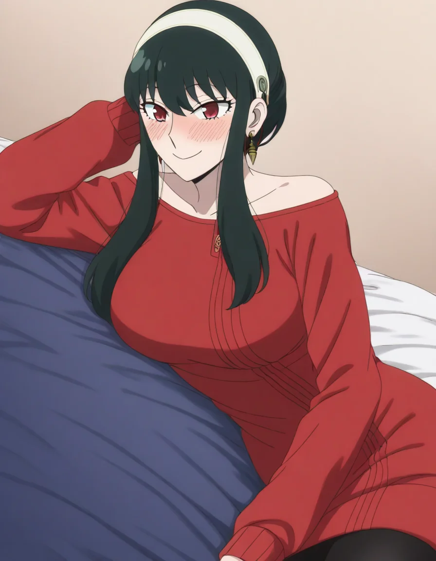 score_9, score_8_up, score_7_up, source_anime, <lora:yor-briar-s1-illustrious-lora-nochekaiser:1>, yor briar, black hair, red eyes, earrings, white hairband, hairband, long hair, sidelocks, large breasts,, bare shoulders, collarbone, dress, long sleeves, off shoulder, off-shoulder dress, off-shoulder sweater, pantyhose, red sweater, sweater, sweater dress, thighs,, indoors, bed, bed room, on side, blush, drunk,, smile, , hand behind head, , solo,, cowboy shot, dutch angle