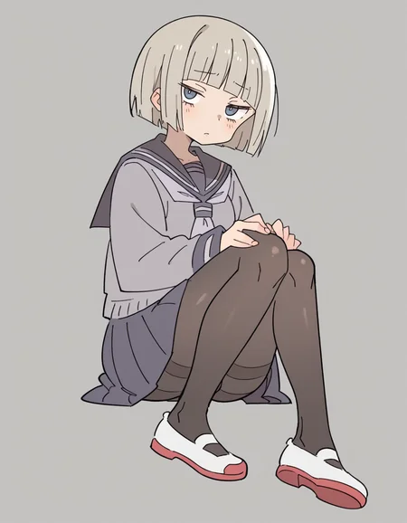 zPDXL, score_9, score_8_up, score_7_up, score_6_up, score_5_up, score_4_up, 1girl, solo,
 <lora:Maa:0.8> maa, flat color, serafuku, school uniform, pleated skirt, pantyhose, white footwear, uwabaki, looking at viewer, grey blunt cut, lithe,