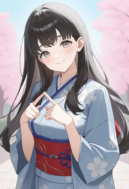1girl, looking at viewer, smile, head tilt, index fingers together, blush, <lora:TaoSMT-illu:1> tao, black hair, long hair, choppy bangs, grey eyes, kimono, floral print, medium breasts, obi, cherry blossoms, outdoors, masterpiece, best quality, good quality, newest