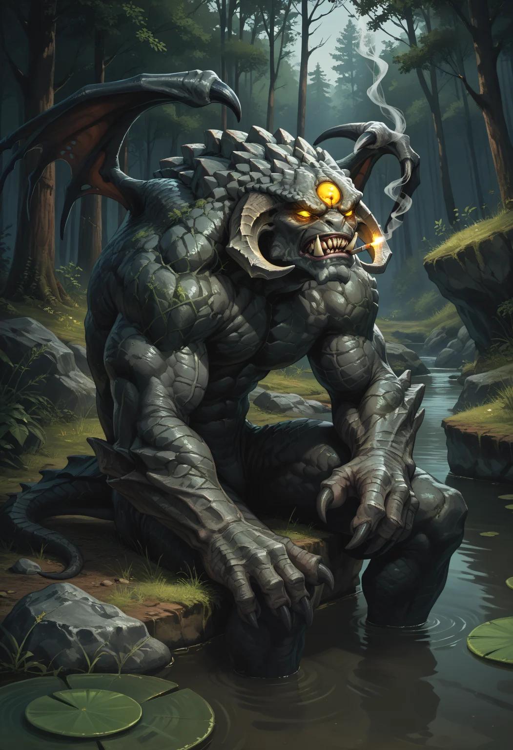 score_9, score_8_up, score_7_up, score_6_up, score_5_up, score_4_up, BREAK, roshanpdxl, teeth, monster, wings, sharp teeth, claws, yellow eyes, glowing eyes, sad, solo, horns, fangs, sitting, bara, forest, rock, pond, smoking cigarette, looking away, pensive, annoyed, <lora:Roshan:0.7>