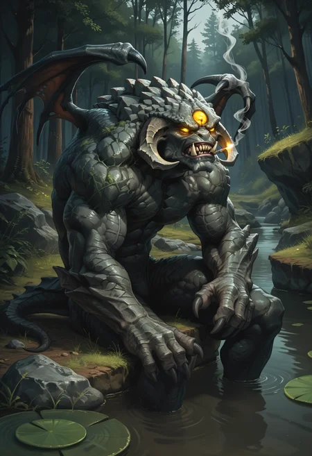 score_9, score_8_up, score_7_up, score_6_up, score_5_up, score_4_up, BREAK, roshanpdxl, teeth, monster, wings, sharp teeth, claws, yellow eyes, glowing eyes, sad, solo, horns, fangs, sitting, bara, forest, rock, pond, smoking cigarette, looking away, pensive, annoyed, <lora:Roshan:0.7>