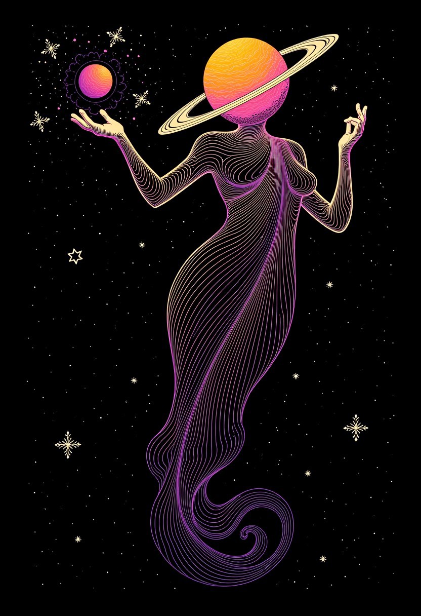 slomesty, a goddess made of lines, floating in dark universe, black and neon, with a planet as a head,