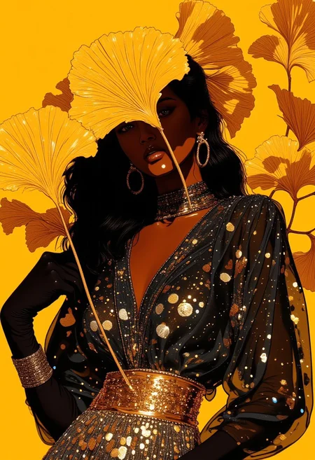 A hyper-realistic close-up portrait of a woman’s upper body and midriff, set against an artistic, surreal atmosphere. She wears a predominantly black dress, adorned with shimmering gold and silver sequins and beads that reflect the soft, ambient lighting, creating a mesmerizing, radiant effect. The luxurious fabric, a blend of sheer materials and glittery accents, adds depth and texture to her elegant look. Her long, wavy dark hair cascades over her shoulders, partially obscuring her face, adding an air of mystery. Her medium to dark skin tone, hinting at African descent, glows under the gentle light. She accessorizes with a large, gold hoop earring and a gold chain belt adorned with small dangling coins that elegantly drape over her hips. Long black, elbow-length gloves elevate the outfit with a sophisticated touch. The background is a bold, bright yellow, overtaken by exaggerated, oversized *Ginkgo biloba* leaves in rich yellow tones that contrast sharply with her attire. The leaves grow wildly, leaning toward her and partially covering her body, curling around her arms and torso as if nature itself is embracing her. One large leaf partially obscures her lips, adding to the surreal, artistic interaction. Captured in ultra-high-definition, 8K quality, the image highlights the flawless textures of her skin, clothing, and accessories, blending high fashion with nature’s surreal beauty.