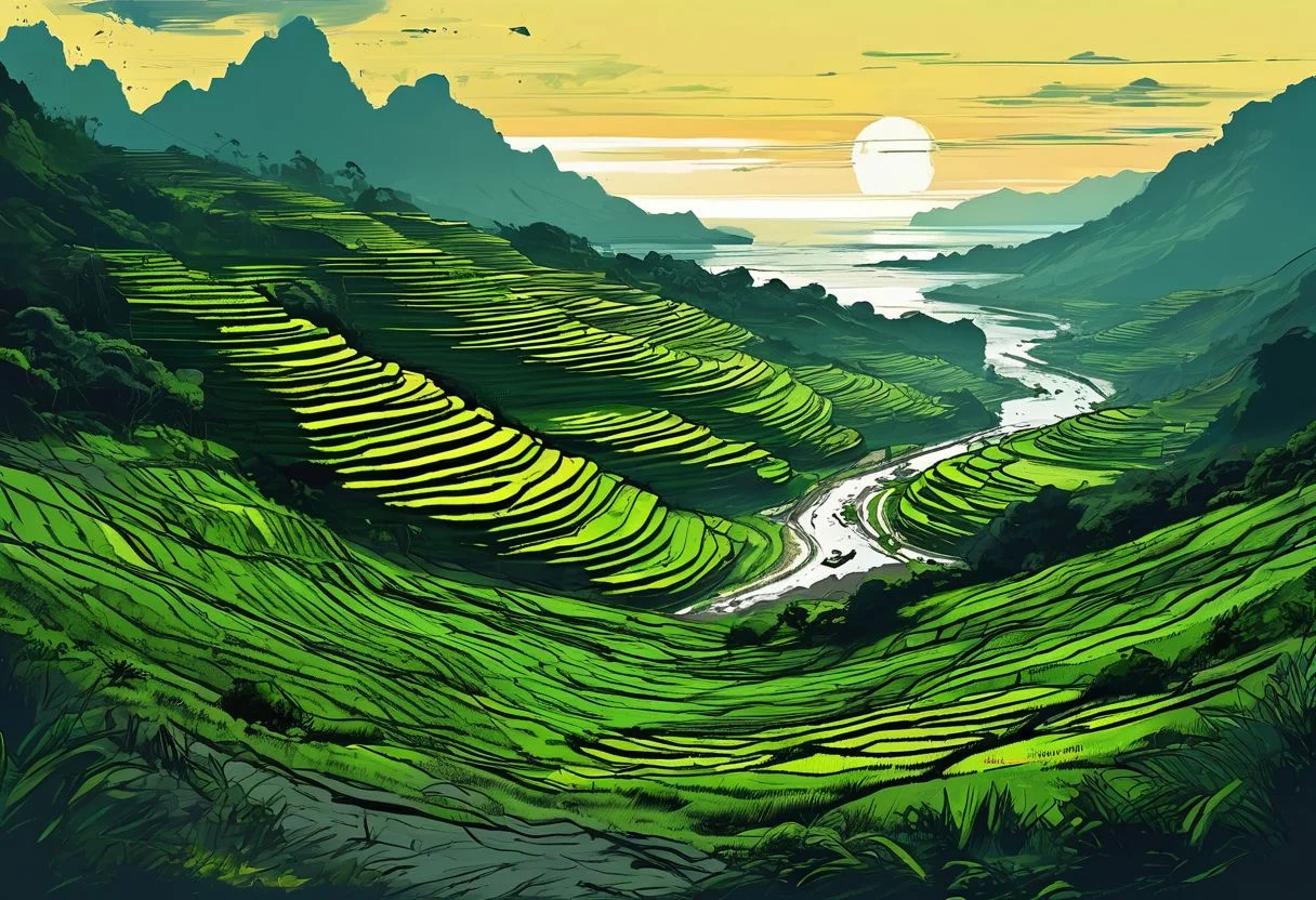 island landscape concept art, ((Philippines rice terraces)), (((coast, ocean))), ((battlefield, war, explosions, concrete bunkers)), green and blue tones, black tones, dark tones, scifi features, deep shadows, ((graphic novel sketch, black sketch lines, low-key cinematic lighting, thick ink outlines, digital oil painting, posterized, cel shading, vector illustration, tenebrism, bold brush strokes, subtle colors))