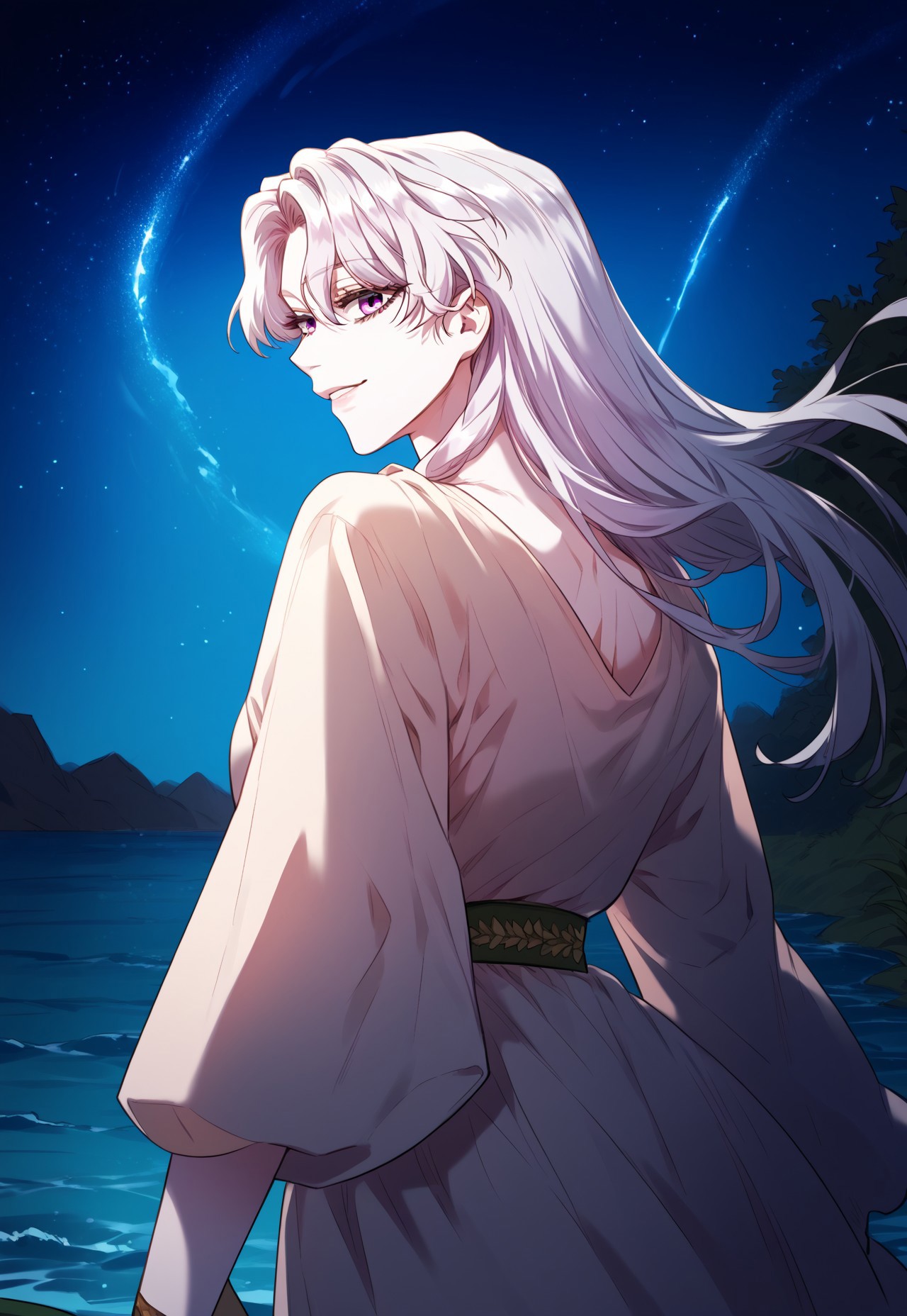 zPDXL3, score_9_up, score_8_up, score_7_up, (Anime_source), 1girl, Roselyn, purple eyes, white hair, long hair, sleep dress, (looking back), upper body, looking at viewer, smile, parted lips, night, star(sky), water waves, standing outside