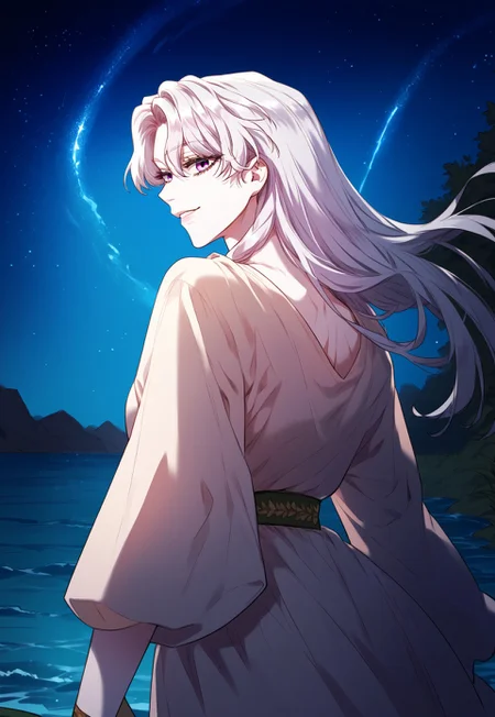 zPDXL3, score_9_up, score_8_up, score_7_up, (Anime_source), 1girl, Roselyn, purple eyes, white hair, long hair, sleep dress, (looking back), upper body, looking at viewer, smile, parted lips, night, star(sky), water waves, standing outside