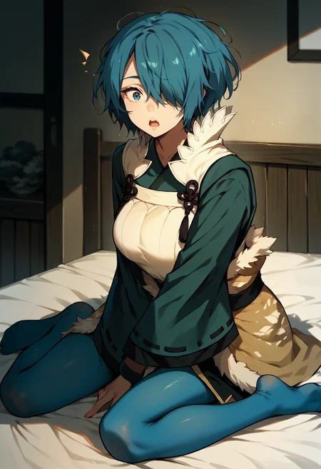 score_9, score_8_up, score_7_up, source_anime, 1girl, sitting, surprised, open mouth, looking at you, <lora:SetsunaFE-pdxl:1> defSet, short hair, messy hair, hair over one eye, japanese clothes, big breasts, high collar, long sleeves, fur-trimmed sash, blue pantyhose, no shoes, indoors, bed