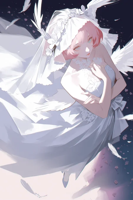 (reoen:0.8), arutera, soresaki, best quality, masterpiece, very awa, absurdres,  realistic,  sanbonzakura, (askzy:0.8), ambient glow,  dynamic pose, dynamic angle, (translucent:0.5)  <lora:nhl-001:0.4>, nhl-001, pastel colors,
overhead shot, perspective, elevated perspective, dynamic angle,<lora:RavenScript :0.6>
a bride with veil, flowers, wedding dress, flower pattern, chocker, look up,
pigeons, wings, feathers, With arms crossed over the chest, a flock of pigeons bursts forth from the embrace, soaring into the sky