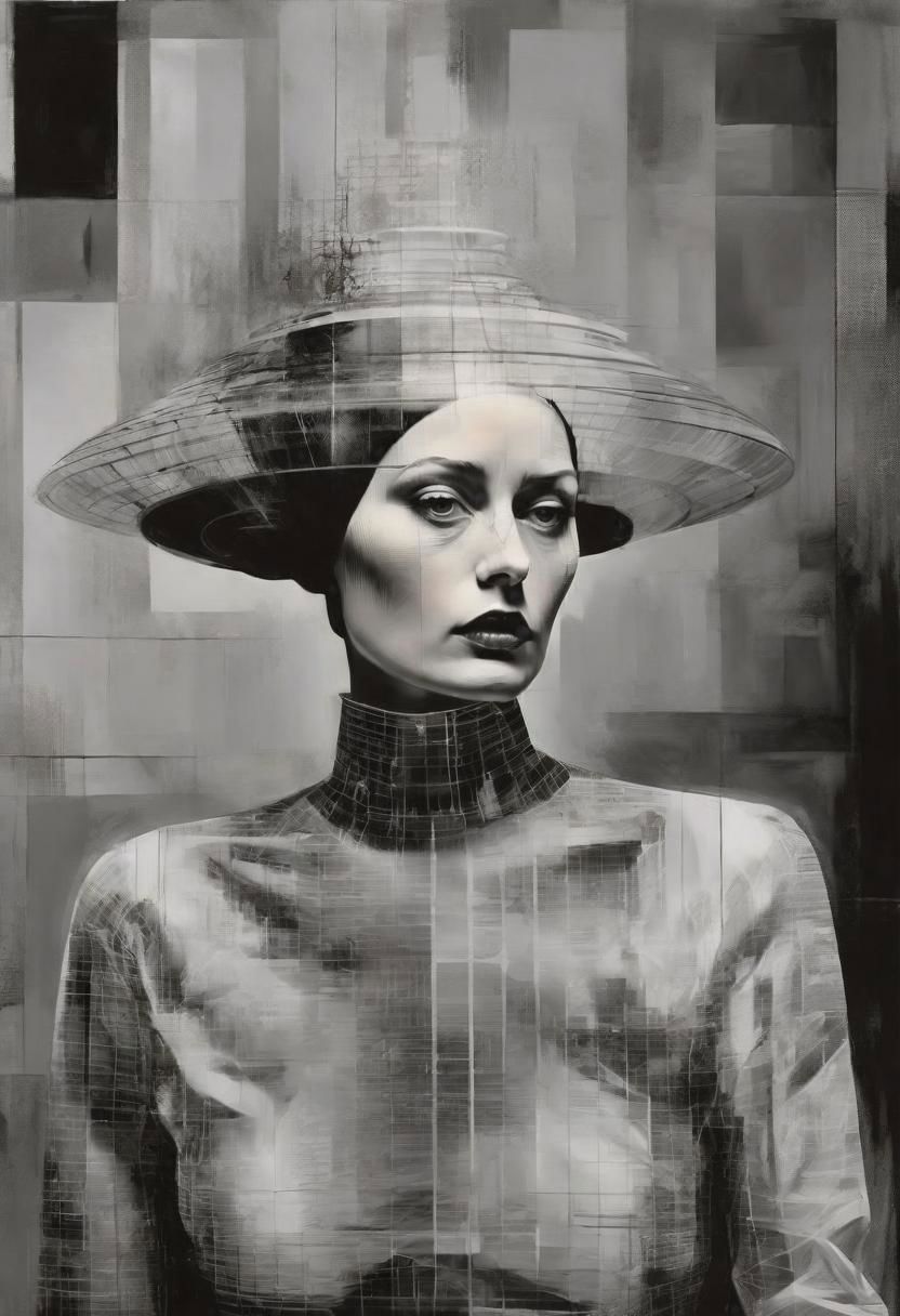 Monochrome black and white, Dali, Magritte, Delvaux, Bellmer, Malevitch, Rodchenko, Mondrian, Kandinsky, Popovna, psychedelic hallucination, pop surrealism, rough crosshatch drawing pop art Lunatic_Portrait of a young woman in latex Avant-garde Fashion page, slick back, low bun, black makeup, sinister expression, intense glare, avant-garde, abstract, weird, geometric, constructivism, suprematism, rayonism, verticism, lineism, tj