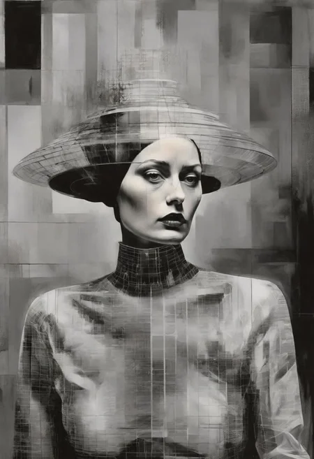 Monochrome black and white, Dali, Magritte, Delvaux, Bellmer, Malevitch, Rodchenko, Mondrian, Kandinsky, Popovna, psychedelic hallucination, pop surrealism, rough crosshatch drawing pop art Lunatic_Portrait of a young woman in latex Avant-garde Fashion page, slick back, low bun, black makeup, sinister expression, intense glare, avant-garde, abstract, weird, geometric, constructivism, suprematism, rayonism, verticism, lineism, tj