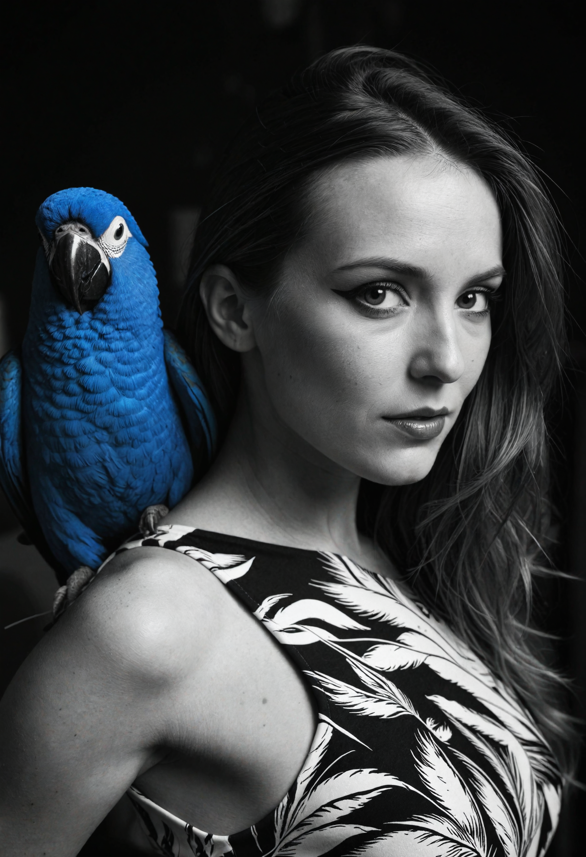 Black-and-white portrait photo of a woman, accompanied by a striking pop of color from her companion electric blue parrot. Contrast between the high-contrast black and white tones of the woman's visage and the bold, saturated hues of the bird perched upon her shoulder, color accent, dress