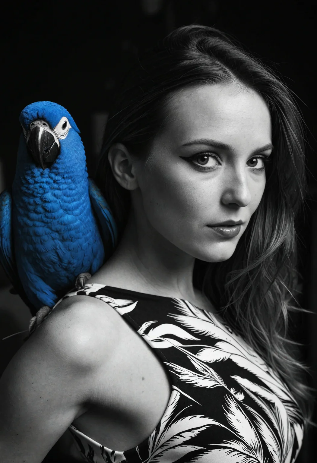 Black-and-white portrait photo of a woman, accompanied by a striking pop of color from her companion electric blue parrot. Contrast between the high-contrast black and white tones of the woman's visage and the bold, saturated hues of the bird perched upon her shoulder, color accent, dress