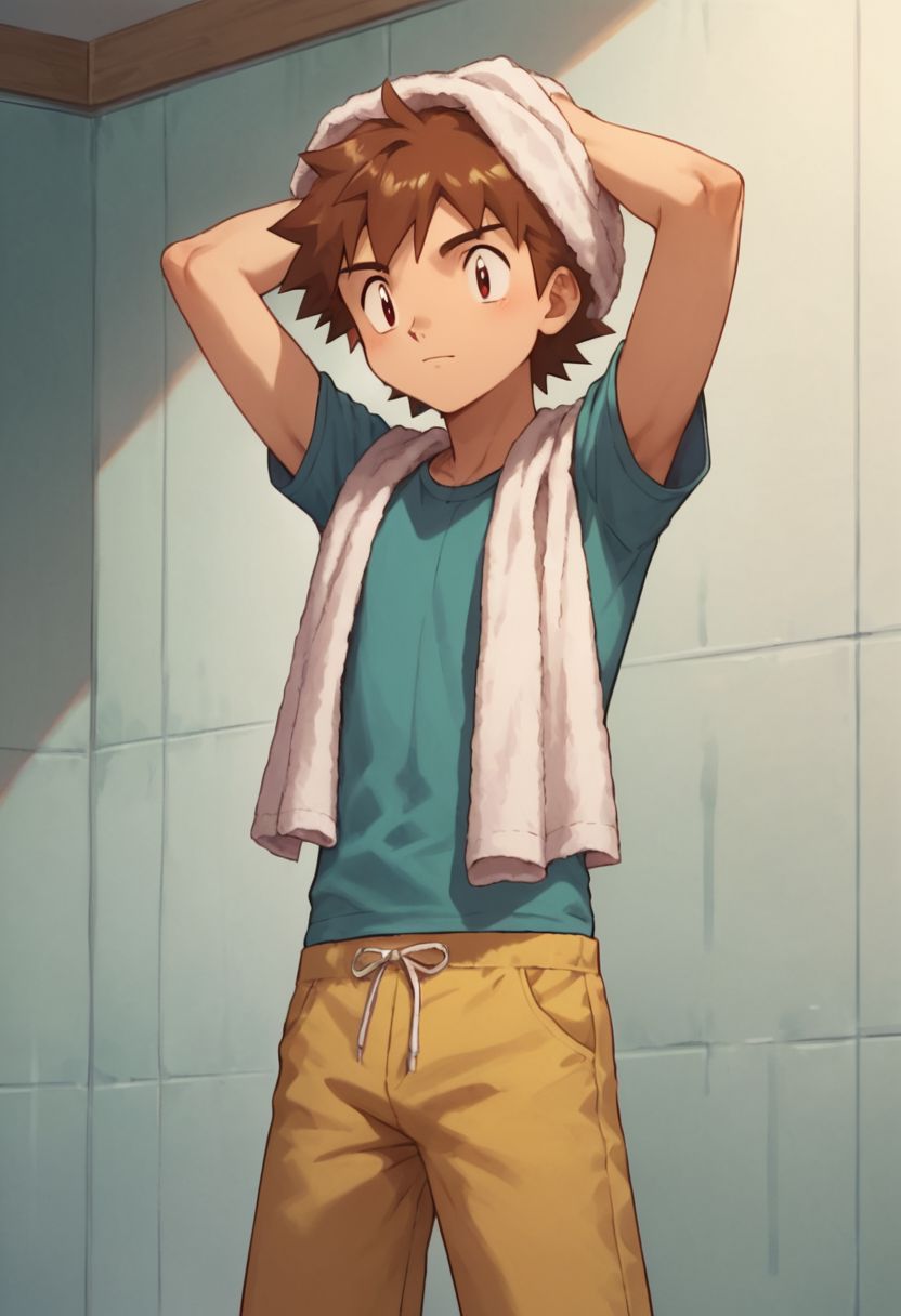 score_9, score_8_up, score_7_up, source_anime, highly detailed, 1boy, solo, male_focus, anime style, slender, skinny, cute
richie_poke, pants, shirt, brown hair, towel, towel in the head, arms up, hold, holding towel, drying hair,
red face,
