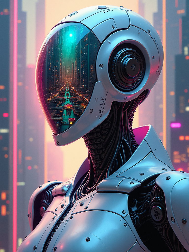 The painting is created in a highly detailed sci-fi fantasy style.  The brushstrokes are smooth and precise, bringing out the sleekness and complexity of the robot.  The colors are vivid and rich, with a blend of metallic hues and neon accents.  The texture is a combination of smooth surfaces and intricate patterns.
Scene Description: In the center of the painting stands a majestic robot, its body a combination of gleaming metal and advanced technology.  The robot's upper body is in a half-portrait view, facing directly forward.  Its face is a transparent reflective visor that shows a complex and magnificent future city.  The city is filled with towering skyscrapers, flying vehicles, and colorful lights.  The robot's body is adorned with intricate designs and symbols, hinting at its advanced capabilities.  The background is a series of strip-like panels that seem like reflective glass, each one showing a different fantastical scene.  Some panels display alien landscapes, others show space battles, and still others show strange technological wonders.
Composition: The robot is centered in the frame, commanding attention.  The reflective visor draws the viewer's eye, leading them to explore the details of the future city within.  The strip-like panels in the background create a sense of depth and complexity, adding to the overall sci-fi atmosphere.  The composition is balanced and harmonious, with the different elements working together to create a captivating scene.
Color Palette: The colors are a mix of cool blues, purples, and silvers for the robot's body, with accents of neon pink, green, and orange for the future city and background panels.  The reflective visor has a rainbow of colors, reflecting the vividness of the scenes it shows.
Light and Shadow: Soft, diffused light bathes the robot and the background, creating a gentle glow.  Shadows are subtle, adding depth without overpowering the colors.  The reflective surfaces of the robot and the panels catch the light, creating a play of light and shadow that enhances the three-dimensional effect.
Detail: Every aspect of the painting is filled with intricate details.  The robot's body is covered in fine lines and patterns, with every bolt and panel clearly defined.  The reflective visor shows a detailed cityscape with tiny buildings, vehicles, and people.  The background panels are filled with complex scenes, each one with its own unique elements and colors.