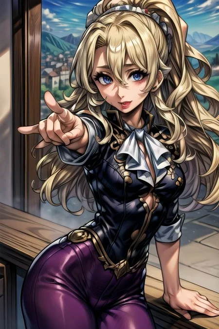 masterpiece, Lily Kokoschka , best quality, best quality, ultra-detailed, highres,sharp focus,(ultra detailed,extremely detailed), 1girl,(masterpiece, best quality), LilyKOKOSCHKA, 1girl, solo, long hair, small breasts, blonde hair, hair between eyes, uniform, ascot, wavy hair, eyes visible through hair, white ascot, riding pants, hungry clicker, Pointing, Commanding