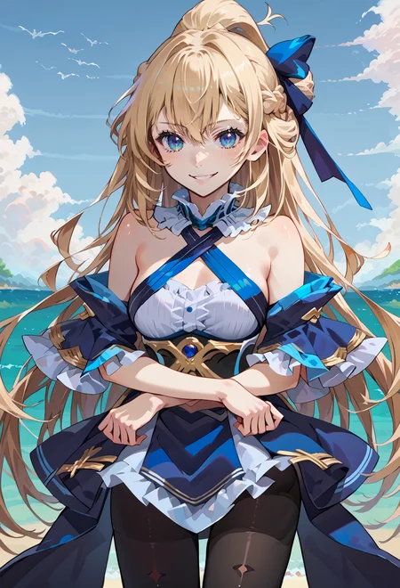 score_9, score_7_up, source_anime, BREAK  <lora:Taiki Dendro:1> taiki, art,  <lora:mxmarina:1> mxmarina, french braid, half updo, Hair ribbon, frilled choker, criss-cross halter, sleeveless dress, high-waist skirt, backless dress, blue dress, waist blue bow, detached sleeves, frilled sleeves, wide sleeves, blue sleeves, black pantyhose, patterned legwear, pinstripe pantyhose, portrait, smile, v arms,