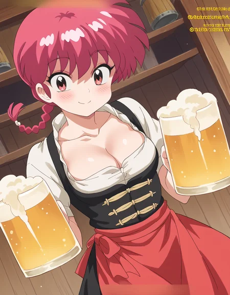 score_9, score_8_up, score_7_up, source_anime, <lora:ranma-saotome-leak-ponyxl-lora-nochekaiser:1>, ranma saotome, braid, red hair, single braid, braided ponytail, red eyes,, <lora:dirndl-ponyxl-lora-nochekaiser:1>, dirndl, german clothes, beer mug, collarbone, cleavage, beer, underbust, waist apron,, indoors, bar, smile, blush,, , cowboy shot, dutch angle
