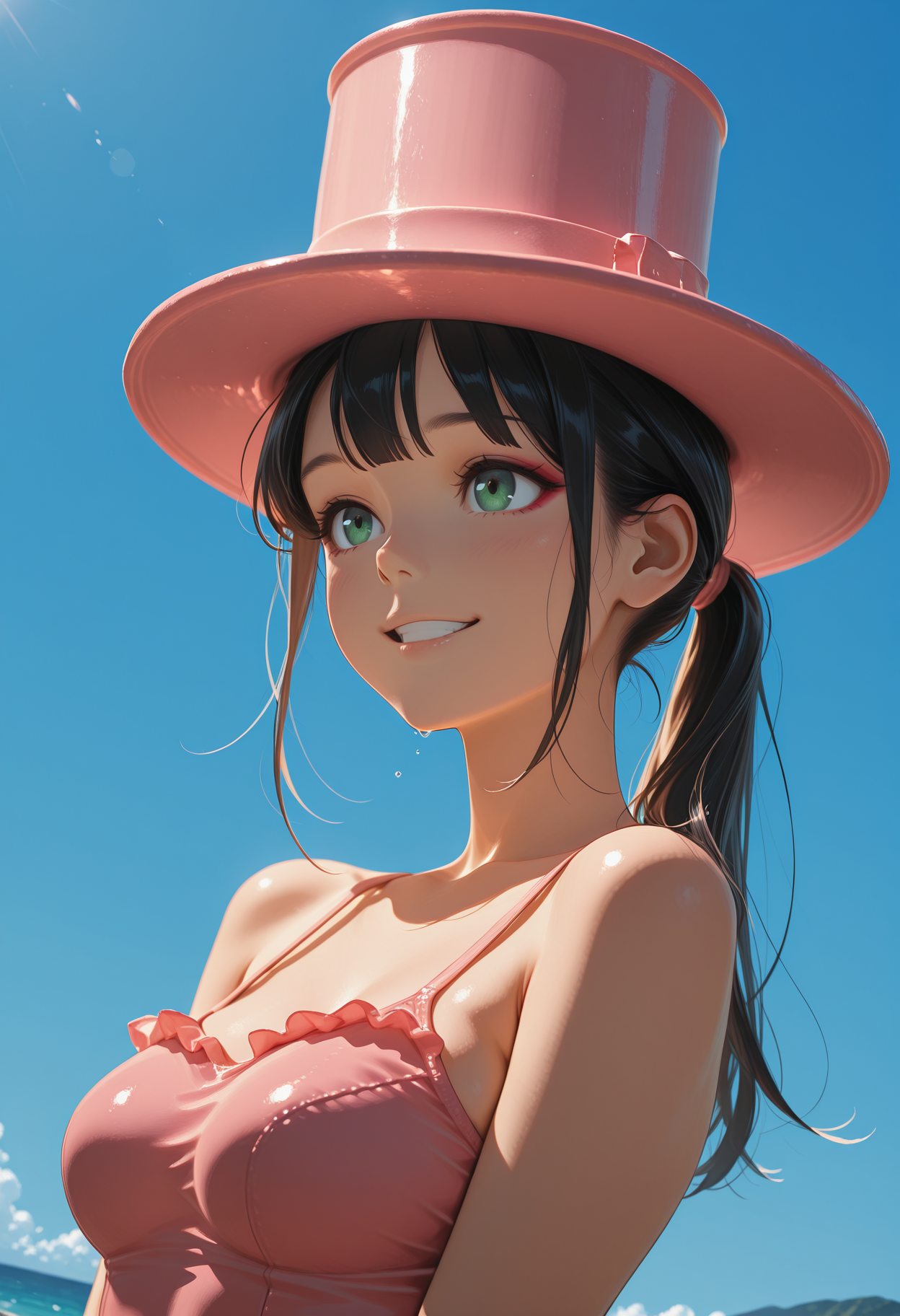 aesthetic, masterpiece, artwork, best quality, best, anime, detailed, detailed body, 
1girl, solo, close-up hat, perfect face, eyeliner, medium tits, big smile, black hair, long ponytail, blunt fringe, green eyes, tight pink leotard, cylinder hat, pink cylinder slanted on head, BREAK 
upper body, outdoor, sunshine, summer, dutch angle,
 <lora:Classic_Cylinder_Hat:1>