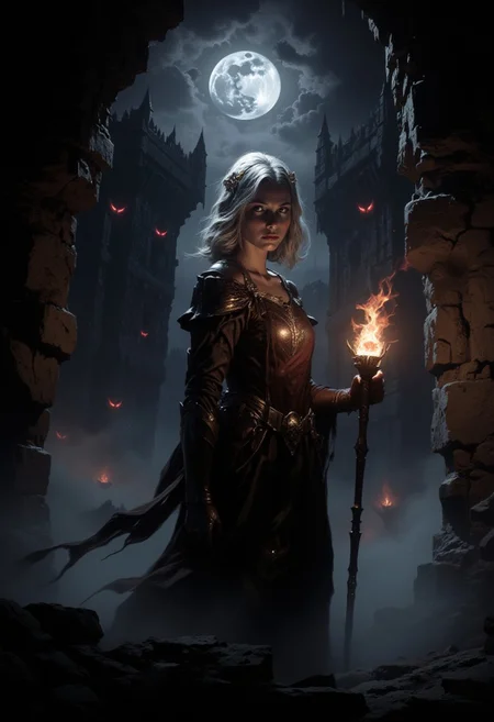 A young woman with shoulder-length wavy Silver hair is shown from the torso up,  a medieval maiden from ireland, set in a dark damp castle, moody lighting , holding a flaming torch , red eyes peer out at her from dark corners, theres an eerie mist in the room and a full moon lighting the night   <lora:dark_fantasy_flux:0.83> <lora:FredFraiStyle-FLUX-Share:0.63> <lora:sxz-Dark-Fantasy-v2-Flux:0.33> drkfnts style,
