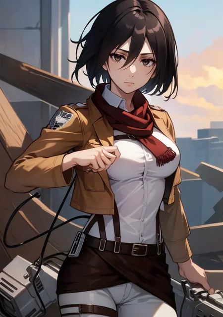 UHD, 64K, best quality, uncensored, wallpaper, ideal ratio body proportions, studio quality <lora:age_slider_v2:2> BREAK
(1girl, solo, sharp focus, attacking, top down, cut-in, bioluminescent details, daytime), <lora:boldline:0.1> <lora:add_detail:0.2> <lora:Wasteland-10:0.3> (Wasteland, ruined, abandoned, broken objects, dirty) BREAK
<lora:mikasa_ackerman_v1:0.7> <lora:mikasa ackerman-lora-nochekaiser:0.5> (mikasa ackerman, hmmikasa, black hair, very short hair, black eyes, hair between eyes, small breasts, scarf, emblem, belt, thigh strap, red scarf, belt, brown jacket, dress shirt, jacket, open clothes, open jacket, pants, paradis military uniform, shirt, strap gap, thigh strap, three-dimensional maneuver gear, white pants, white shirt)