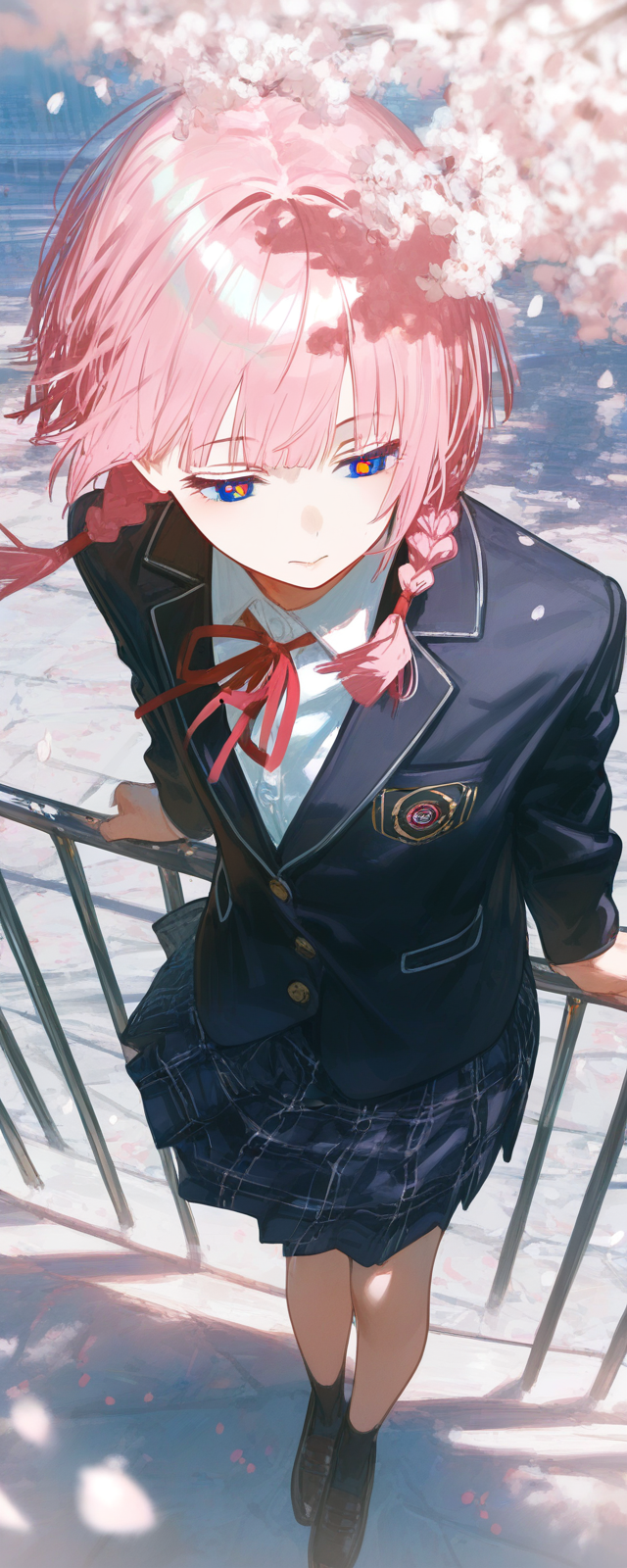 very awa, 1girl, kaf \(kamitsubaki studio\), pink theme, sushispin, aspara, reoen, kamo kamen, dutch angle, from above, dappled sunlight, against railing, black jacket, black socks, blazer, blue skirt, cherry blossoms, closed mouth, falling petals, medium hair, multicolored eyes, outdoors, petals, pink hair, plaid skirt, pleated skirt, school uniform, looking afar, twin braids, wind, solo, virtual youtuber, yellow pupils, half-closed eyes, street, refraction, perspective, white theme, cinematic, bloom, isshiki \(ffmania7\), depth of field, masterpiece, best quality, good quality, newest