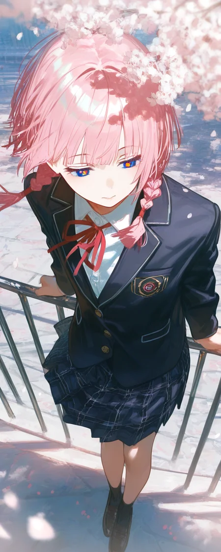 very awa, 1girl, kaf \(kamitsubaki studio\), pink theme, sushispin, aspara, reoen, kamo kamen, dutch angle, from above, dappled sunlight, against railing, black jacket, black socks, blazer, blue skirt, cherry blossoms, closed mouth, falling petals, medium hair, multicolored eyes, outdoors, petals, pink hair, plaid skirt, pleated skirt, school uniform, looking afar, twin braids, wind, solo, virtual youtuber, yellow pupils, half-closed eyes, street, refraction, perspective, white theme, cinematic, bloom, isshiki \(ffmania7\), depth of field, masterpiece, best quality, good quality, newest