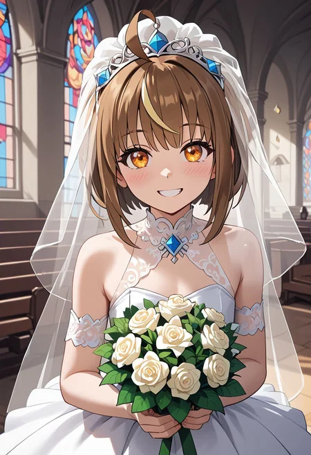 score_4,score_5,score_6,score_7_up,score_8_up,score_9 ((masterpiece,best quality,ultra detailed,highres,HD,4k:1.2)),
1 femboy, solo,solo focus,femboy focus,face focus,
Shiron(normal),brown hair,multicolored hair,yellow streaked hair,bangs,ahoge,sidelocks,orange eyes, petite,
wedding dress, wedding veil,bouquet,
wedding ceremony, church,
looking at viewer,happy,light smile,blush,
