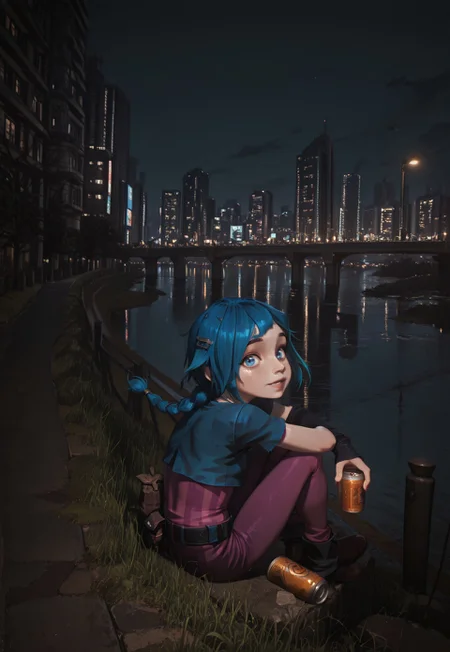 IllusP0s, masterpiece, best quality, amazing quality, newest, very aesthetic, ultra detailed, highres, absurdres, highly detailed, highly detailed background,  HDR, 8K, high resolution, possmach, G0thicL1nes, muted color, high detail, very awa,  BREAK, PowderS1, young-jinx, league of legends, 1girl, young, freckles, blue hair, very short hair, short braid, hairclip, hair_flaps, blue eyes, small breasts, BREAK, blue shirt, cropped shirt, short sleeves, double clothes, pink undershirt, pink sleeves, belt, shorts, black arm warmers, pink leggings, BREAK, pose, knees to chest, high up, parted lips, full body, smile, wind lift, sitting, looking back, looking at viewer, drink can, bouncing hair, from above, detailed skin, BREAK , outdoors, night, building, river, city, lamppost, sky, grass, bridge, road, cityscape, night sky, city lights, skyscraper, water, tree, real world location, reflection, embankment,
