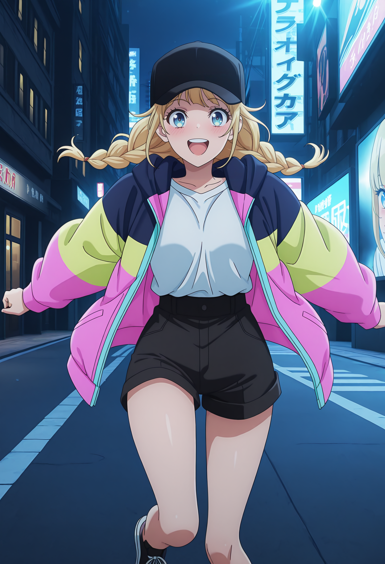 highres, best quality, masterpiece, 
anime screencap,
1girl, solo, blush, prpkeiko, blonde hair, twin braids, blue eyes,
<lora:_eiko_tsukimi-elesico-ilxlA:1>  street, city, billboard, screen, night, lights, outdoors, multicolored jacket, hood, open jacket, baseball hat, black headwear, white shirt, shirt tucked in, black shorts, jumping, upper teeth only, smile, looking at viewer,
