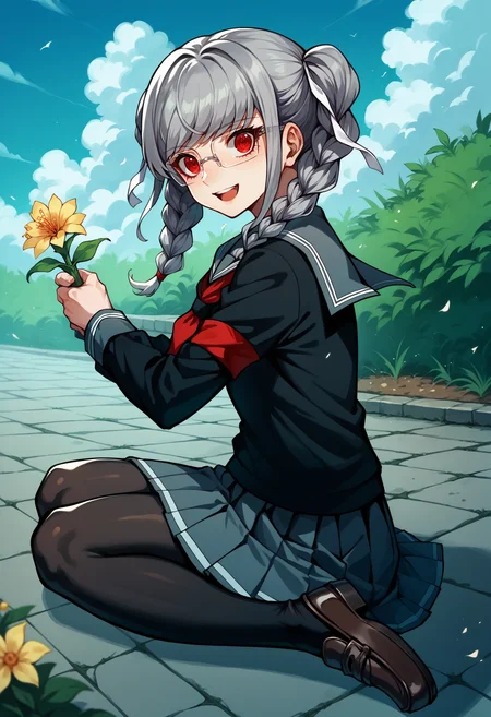 score_9, score_8_up, score_7_up, source_anime, 1girl, on ground, from side, looking at viewer, smile, open mouth, holding flower, <lora:PekoDR-pdxl:1> defPeko, grey hair, twin braids, red eyes, glasses, hair ribbon, white ribbon, school uniform, black serafuku, red neckerchief, long sleeves, red armband, pleated skirt, black pantyhose, loafers, sky, cloud