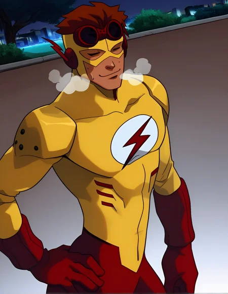 <lora:Wally_west:1>  score_9, score_8_up, score_7_up, kid flash, solo, smile, short hair, brown hair, gloves, 1boy, male focus, bodysuit, mask, muscular, (pectorals:1.1), muscular male, superhero, yellow bodysuit, domino mask, goggles, tired, sweat, thight clothes, heavy breathing, from side, park, upper body, closed eyes, night, sexy, hand on own hip, sky, looking down, path