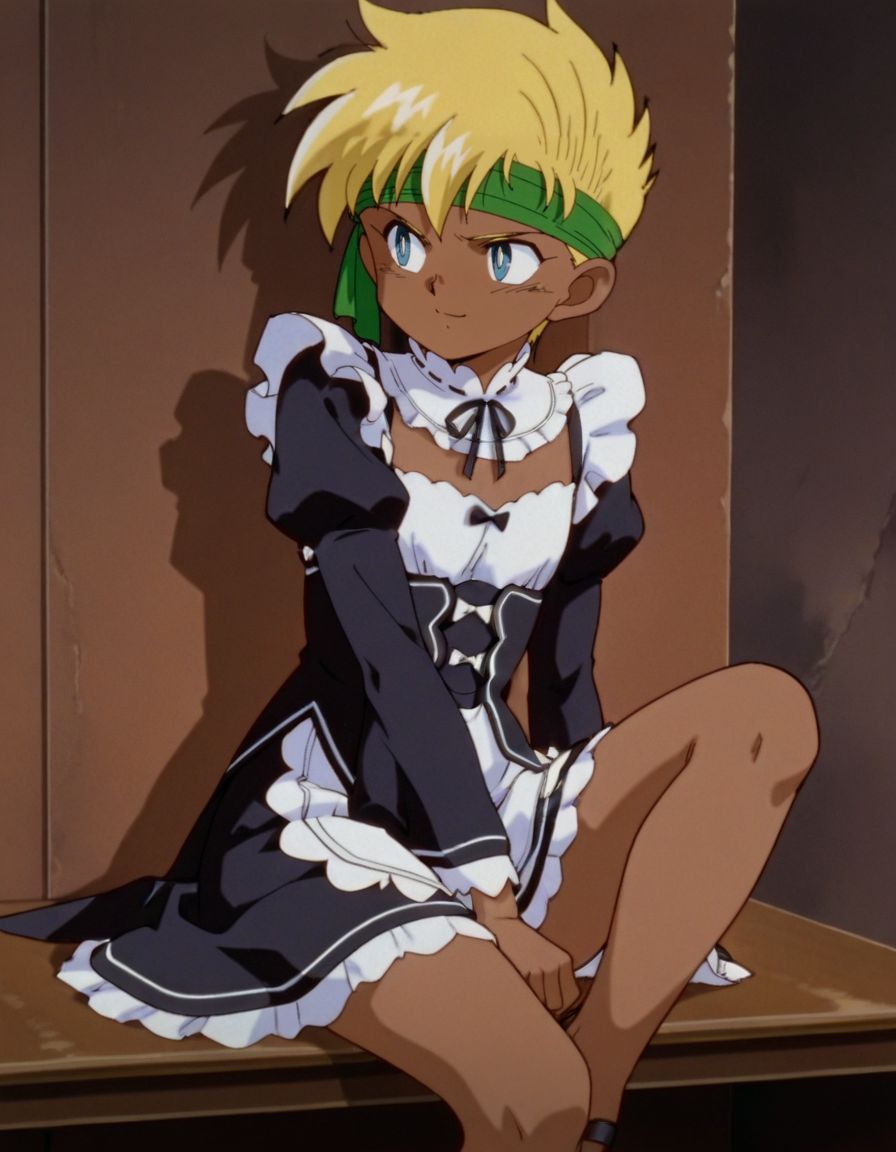 masterpiece, best quality, standing, 1boy, male focus, looking away, blushing, shy, light smile, solo, sitting, leg on own leg, 
<lora:J:1>, Ja1, blue eyes, dark skin, blonde hair, headband, retro artstyle, (roswaal mansion maid uniform:1.2),