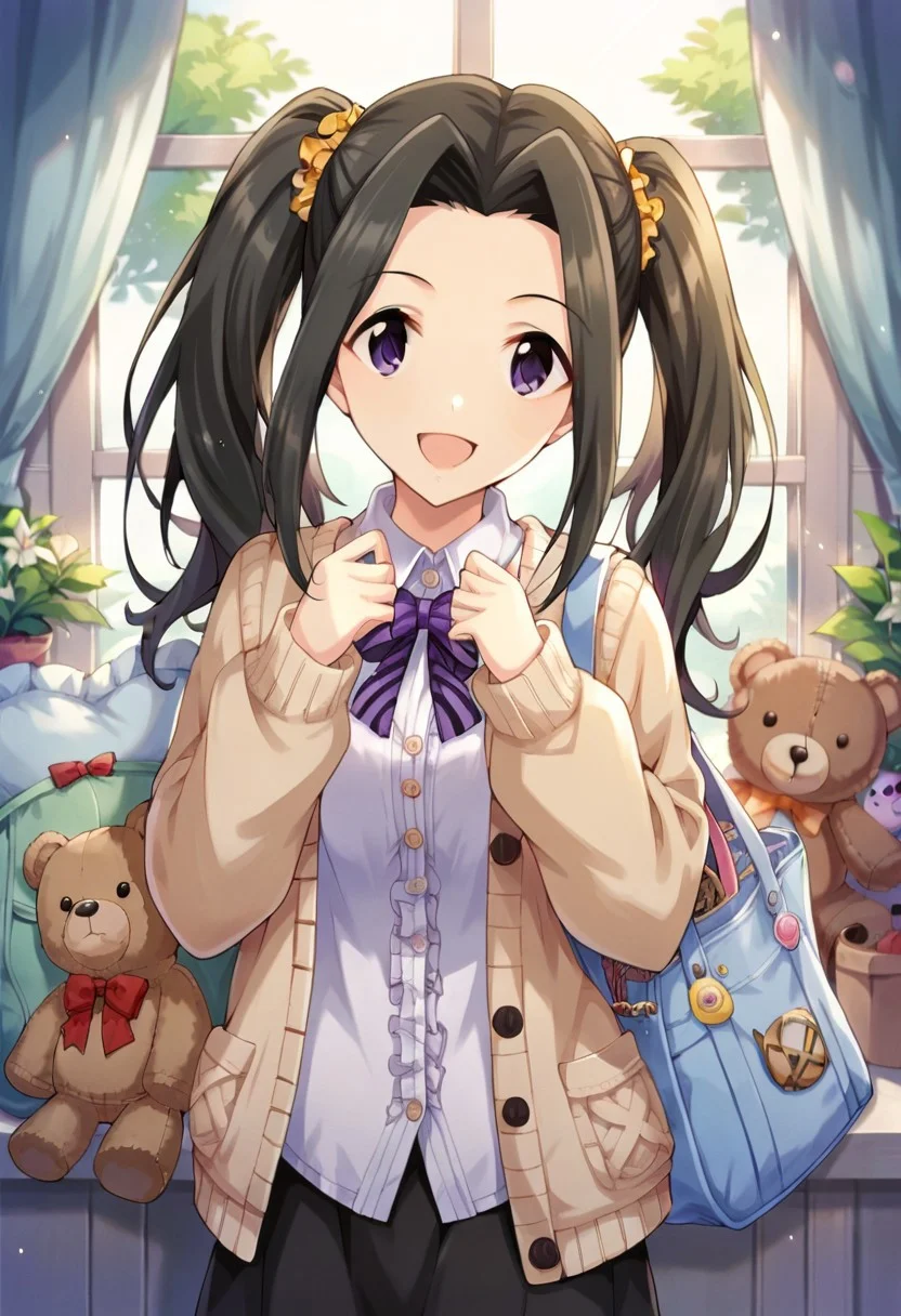 score_9, score_8_up, score_7_up, source_anime,suzumiya seika, long hair, black hair, purple eyes, 1girl, twintails, stuffed toy, solo, teddy bear, stuffed animal, bag, smile, open mouth, looking at viewer, cardigan
