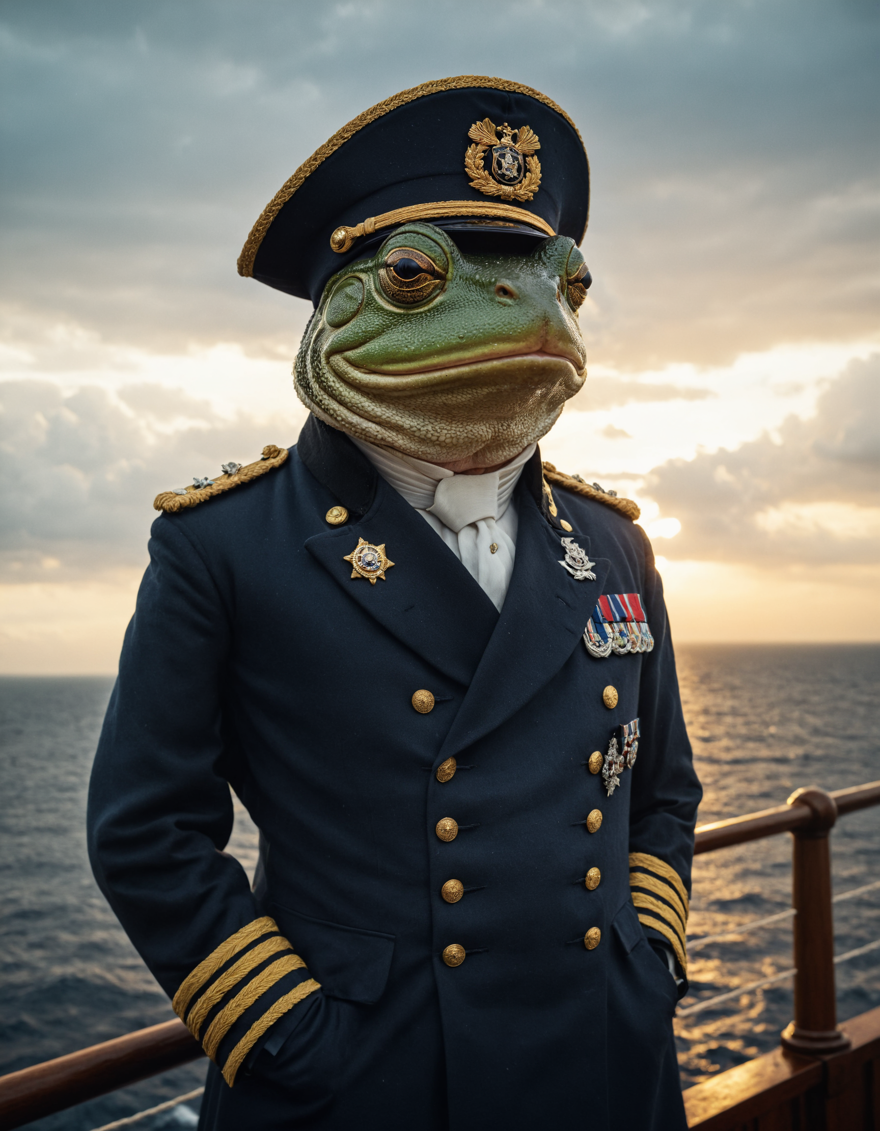 a frog as an admiral standing on a frigate from the 18th century, wearing an admiral uniform with badges and admiral hat, he ist looking majestetic and proud, sunset, stormy weather