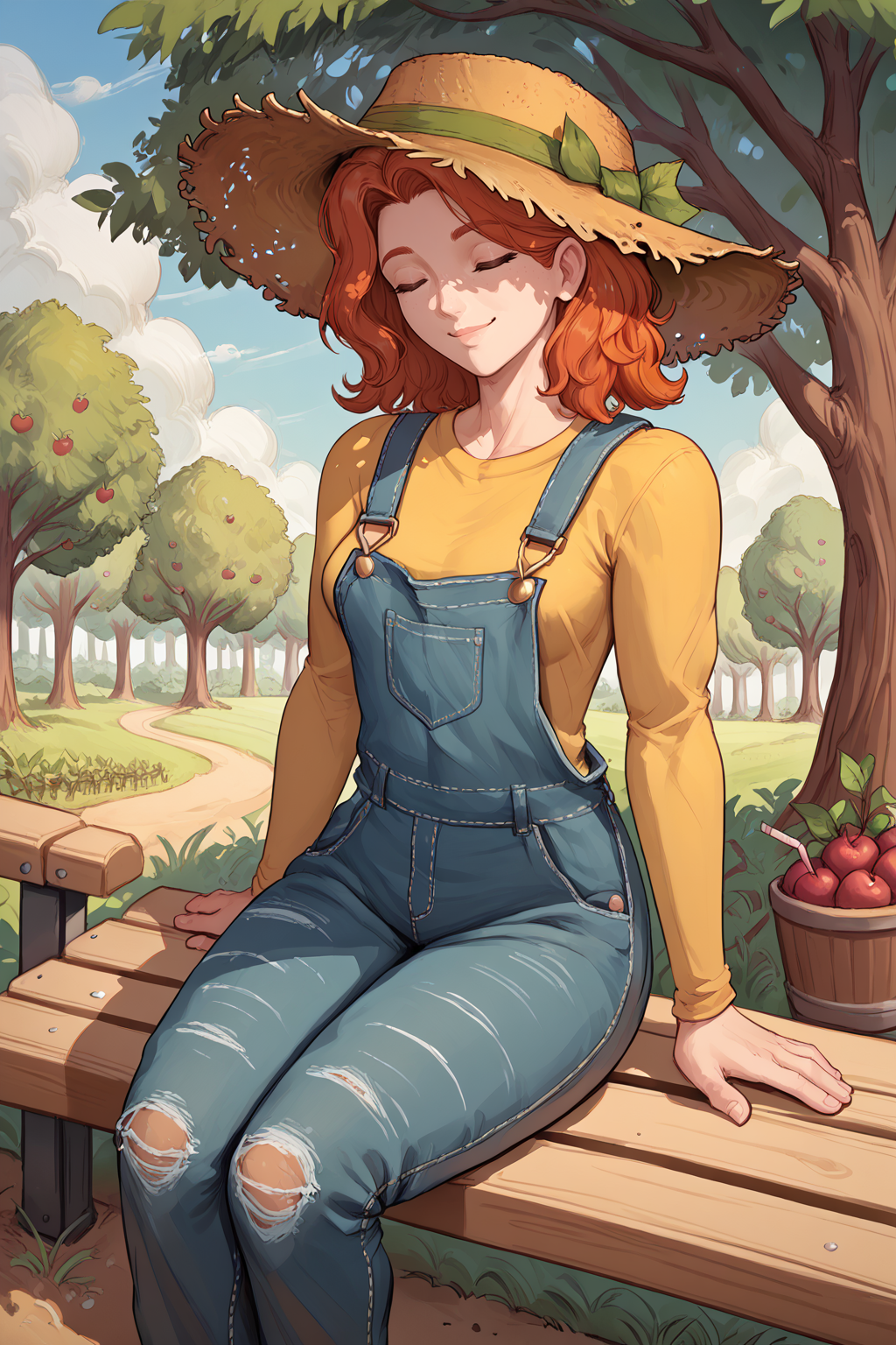 score_9, score_8_up, score_7_up, BREAK 1girl, solo, <lora:NSRobinStardew:1>  NSRobinStardew, ginger hair, medium hair, closed eyes, straw hat, overalls, sitting, orchard, blooming trees, outdoors, bench, slight smile,