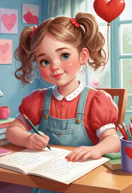 A childrens book illustration of a cute young girl writing a valentinescard for her crush, she is in her room, she has rosy, chubby cheeks, she wears her hair in pigtails, she has a dreamy look in her eyes and is doing her best to decorate the letter,her room looks colorful with lots of books, drawings and stuffed animals, she is smart, curious and creative