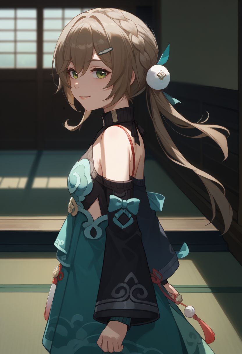 score_9, score_8_up, score_7_up, source_anime, 1girl, qingquedef, green eyes, brown hair, long hair, twintails, braid, hair ornament, hairclip, small breasts, bare shoulders, shoulder cutout, turtleneck, dress, long sleeves, skirt, tassel, standing, smile, looking at viewer, indoors, shrine, close-up, facing viewer, hands on hips, upper body, from behind, looking back, <lora:Qingque_v1-000010:1>