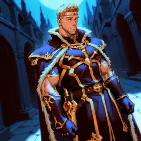 <lora:Ephezial_IL:.7>, Zephiel, blonde hair, facial hair, circlet, cape
(very short hair, beard, bara, mature, facial hair, stubble, beard, full beard, sideburn, beard, a lot of beard, ), facial hair,male focus, muscular male, muscular male, bara, mature,  bara, mature, dutch angle,
aixiwuganda_(20222192), very awa, masterpiece, best quality, absurdres, newest, perfect quality, detailed background, intricate details,
<lora:slider_Body Type_alpha1.0_rank4_noxattn_last:2><lora:style_Anime Summer Days 2 Style SDXL_LoRA_Pony Diffusion V6 XL:.6><lora:slider_cfg_scale_boost:.7><lora:face_Artist6p-10:.55>, Artist6p, Artist04p,<lora:slider_il_brightness_slider_d1:-1><lora:slider_il_contrast_slider_d1:-1><lora:slider_DarkSlider1.2_alpha1.0_rank16_full_300steps:-.6><lora:slider_Detailer_NoobAI_Incrs_v1:1> detailed,