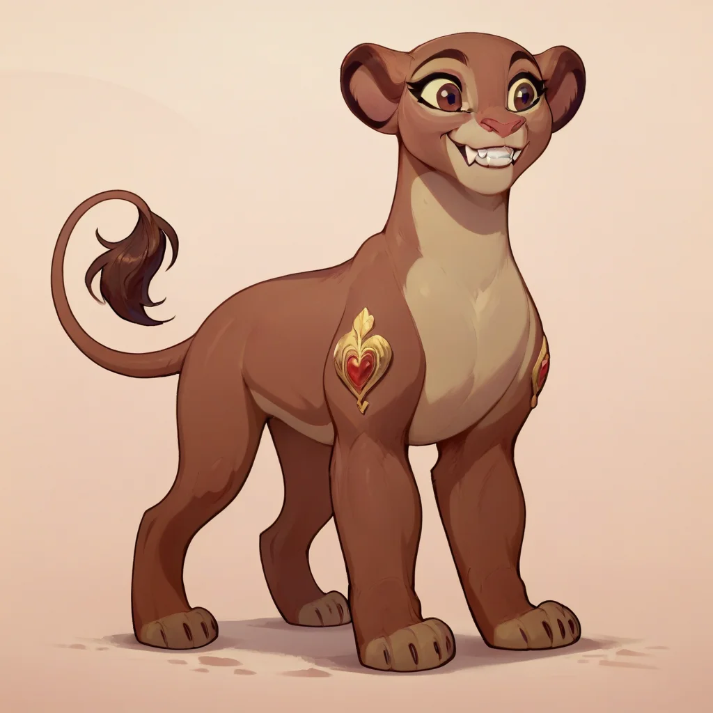 score_9, score_8_up, score_7_up, score_6_up, solo, adult, Rani, reddish brown eyes, feral, standing, brown body, full body , smile, teeth, fang, simple background,