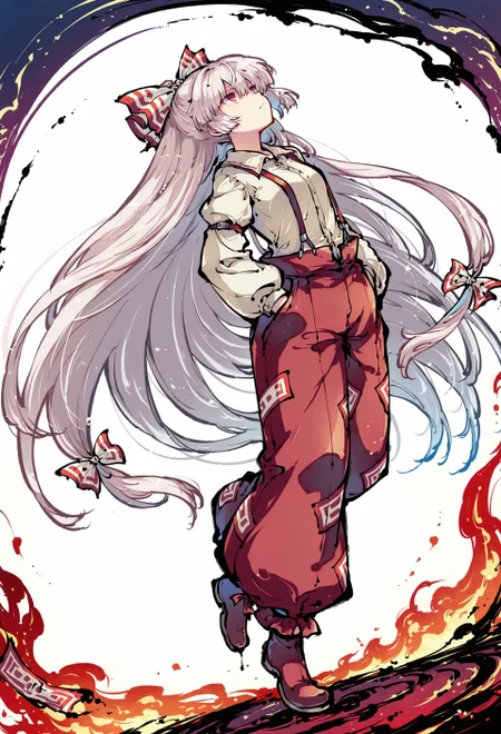 safe_pos, source_anime, high res image, masterpiece, perfect quality, best quality, newest, absurdres, highres, ultra detailed face, detailed eyes,
tokiame, ink,
sdxl_lightning_4step_lora_rank1,
HDR,
1girl, solo, Fujiwara no Mokou, red eyes, hair between eyes, grey hair, hair bow, hair ribbon, long hair, very long hair, white hair, bow, suspenders, white shirt, shirt, long sleeves, pants, white bow, red pants, ofuda on pants, collared shirt,
looking up, leaning backwards, unhappy, surrounded by flames, accurate anatomy, amazing composition,
dynamic angle, dynamic pose, hands in pocket,
simple white background