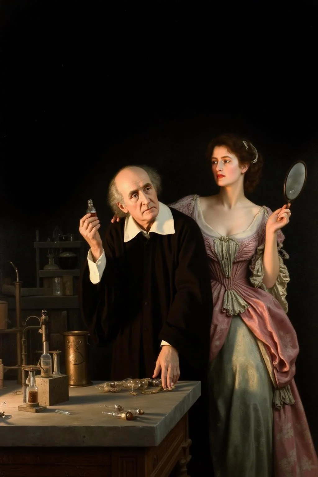 johncollier1 painting.
An elderly man in a black robe holds a small bottle of medicine in one hand. A woman in a patterned gown stands beside him with a mirror, reaching toward the bottle. Scientific instruments sit on a nearby table. <lora:johncollier1_cap_d8a4e12:1.0><lora:850614936051660420:0>