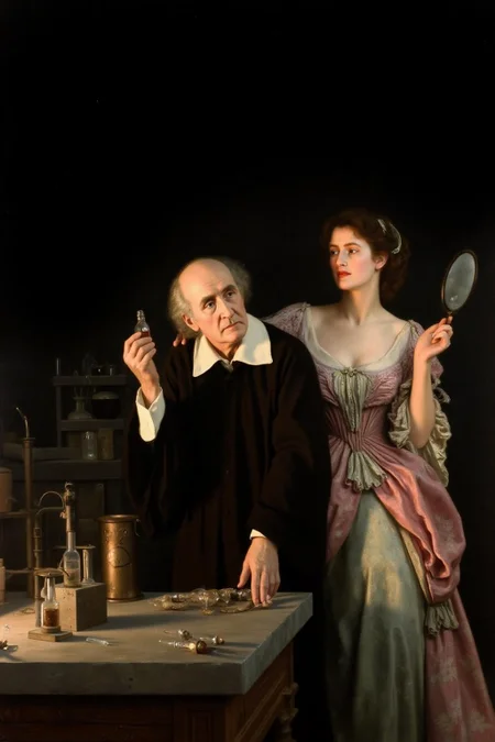 johncollier1 painting.
An elderly man in a black robe holds a small bottle of medicine in one hand. A woman in a patterned gown stands beside him with a mirror, reaching toward the bottle. Scientific instruments sit on a nearby table. <lora:johncollier1_cap_d8a4e12:1.0><lora:850614936051660420:0>