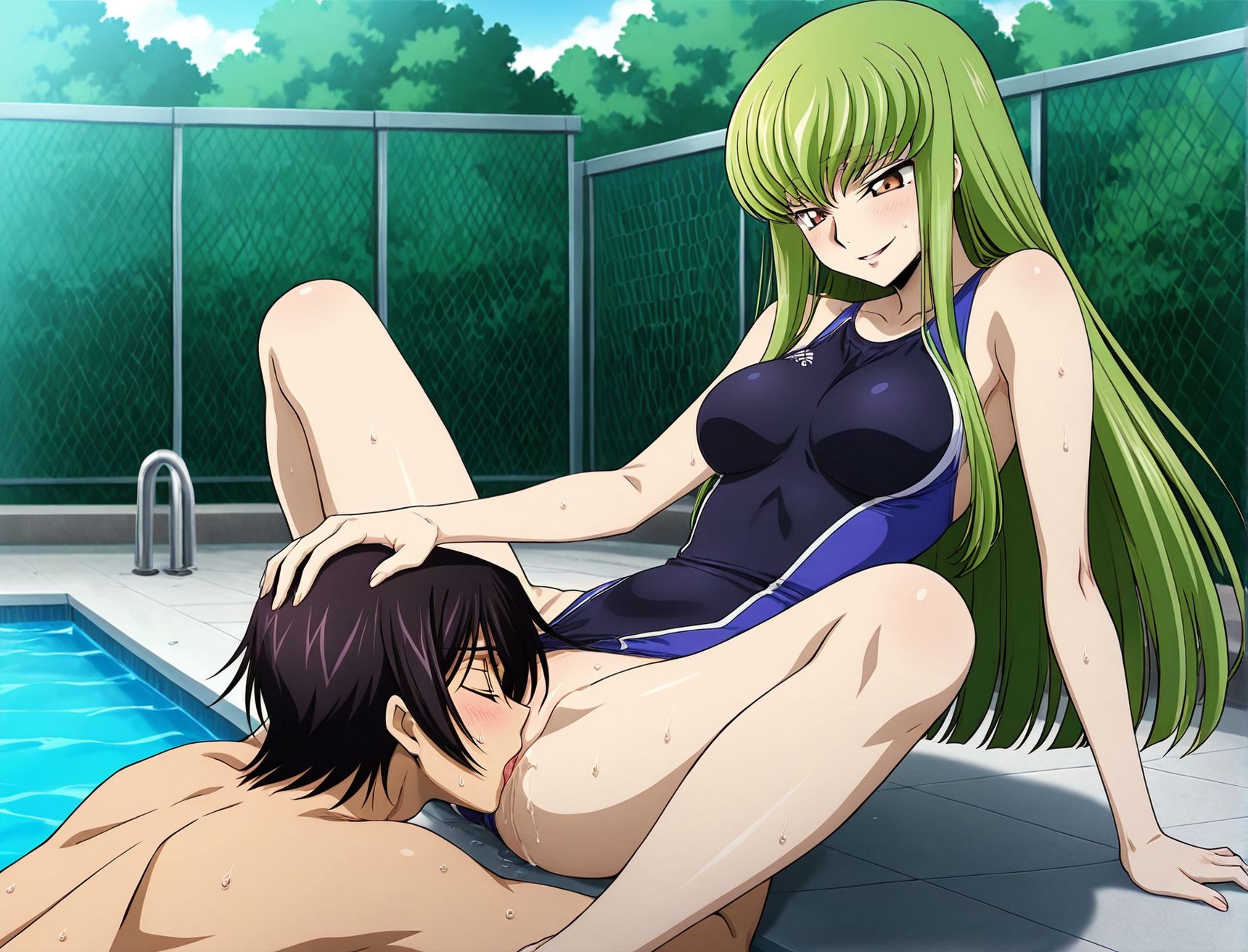 masterpiece best quality newest absurdres highres detailed eyes beautiful detailed background perfect eyes anime coloring anime screencap<lora:add-detail-xl:0.5>,
<lora:Forced_cunnilingus:0.7>Forced_cunnilingus,
1girl,1boy,hetero,from side,  spread legs, 
cunnilingus,clothing aside,naughty face, 
forced cunnilingus,pussy juice, full body, 
(head grab,headpat:1.2),sweat, steaming body, 
poolside, outdoors, 
competition swimsuit, 
BREAK
C.C.,green hair, 
Lelouch lelouch vi britannia,
code geass, official art,