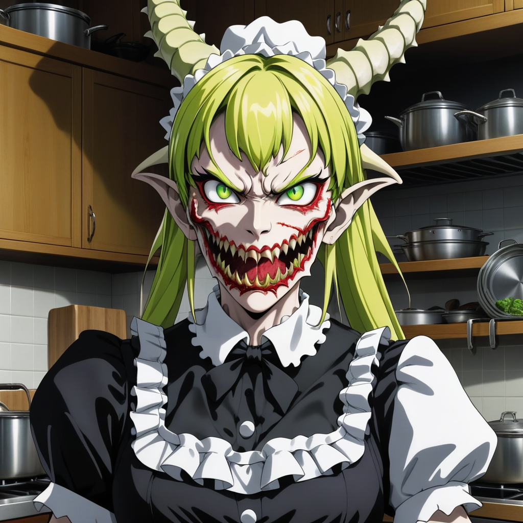 best quality,masterpiece,protrait of a fleshmutant dragon maid in a kitchen,maid headdress,dress,green eyes,dragon horns,yellow hair,smug,covered in eyes and mouths,eldritch abomination,body horror,realistic,anime,2d,scene from kobayashi-san chi no maidragon,<lora:Fleshmutant:0.5>