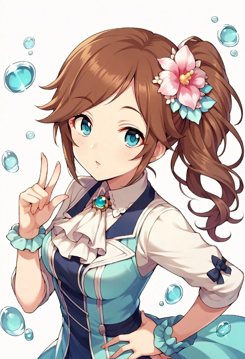 score_9, score_8_up, score_7_up, source_anime,imura setsuna, long hair, brown hair, aqua eyes, 1girl, solo, hair flower, flower, hair ornament,side ponytail, hand on hip, looking at viewer, ascot, index finger raised, upper body