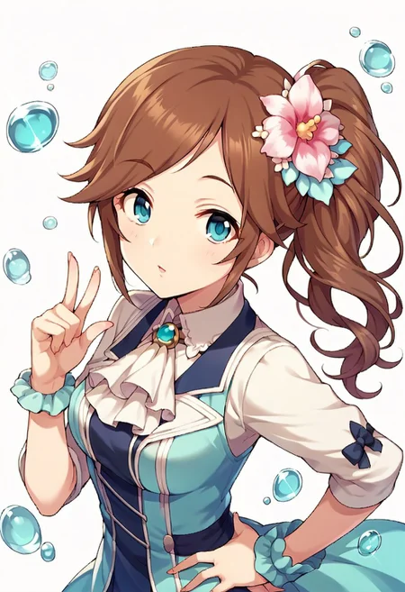 score_9, score_8_up, score_7_up, source_anime,imura setsuna, long hair, brown hair, aqua eyes, 1girl, solo, hair flower, flower, hair ornament,side ponytail, hand on hip, looking at viewer, ascot, index finger raised, upper body