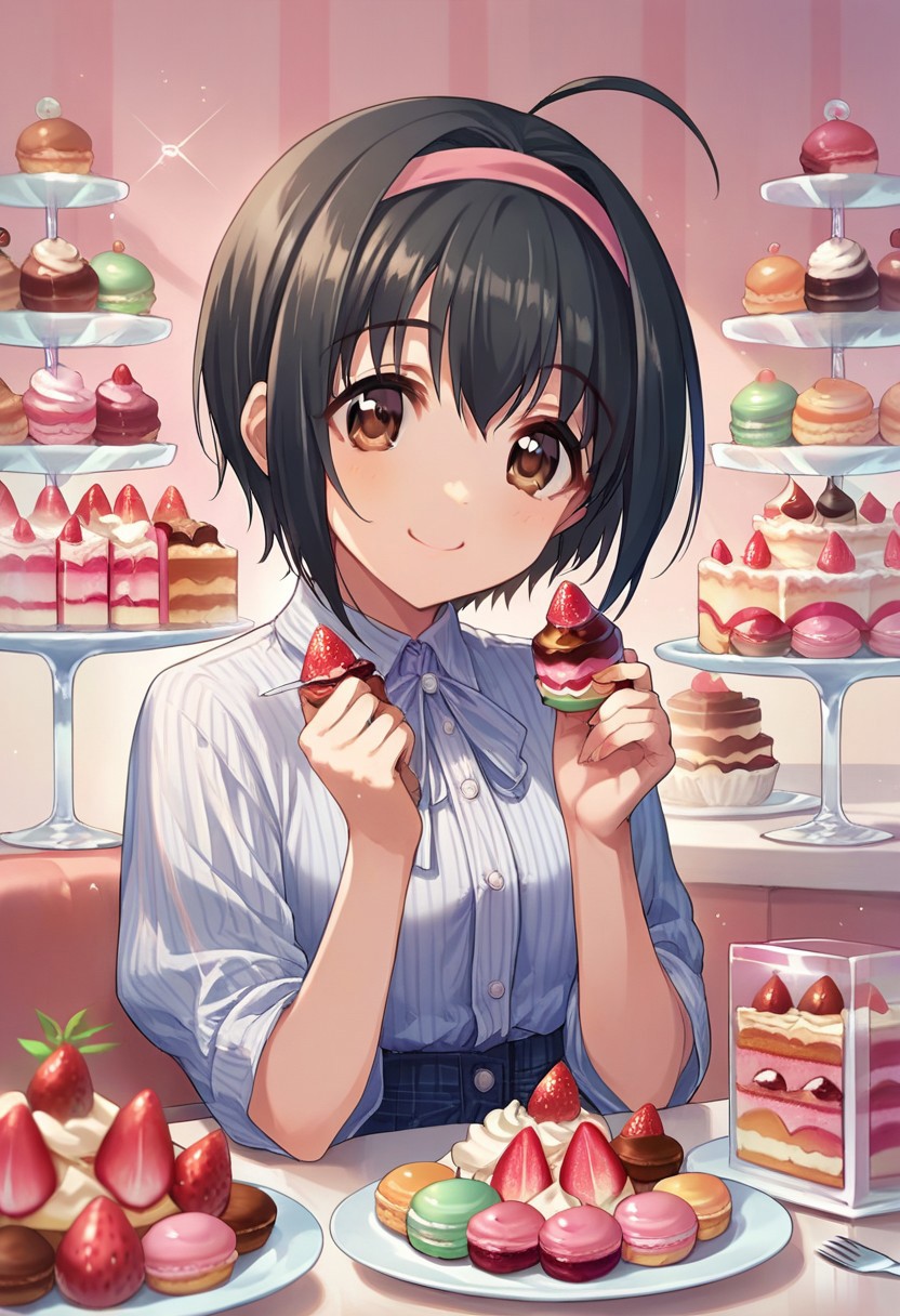 score_9, score_8_up, score_7_up, source_anime,kohinata miho, short hair, black hair, ahoge, brown eyes, food, strawberry, fruit, cake, 1girl, hairband, smile, solo focus, macaron